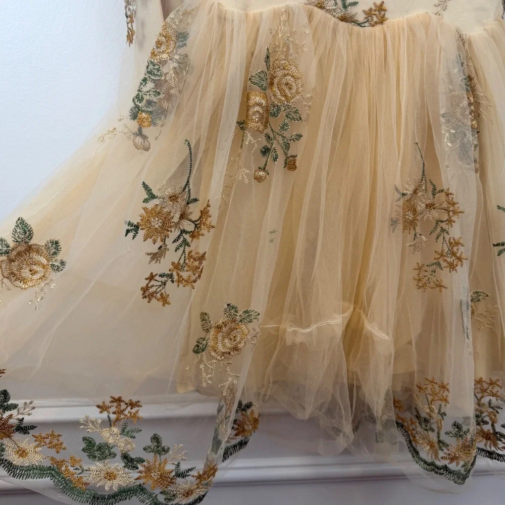 Girls Champagne Floral Embroidered Tulle Party‎ Dress Illusion Neckline Formal